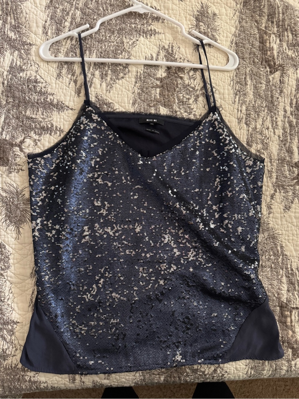 Miss Me Dark Navy Shell Top with Sequin Front